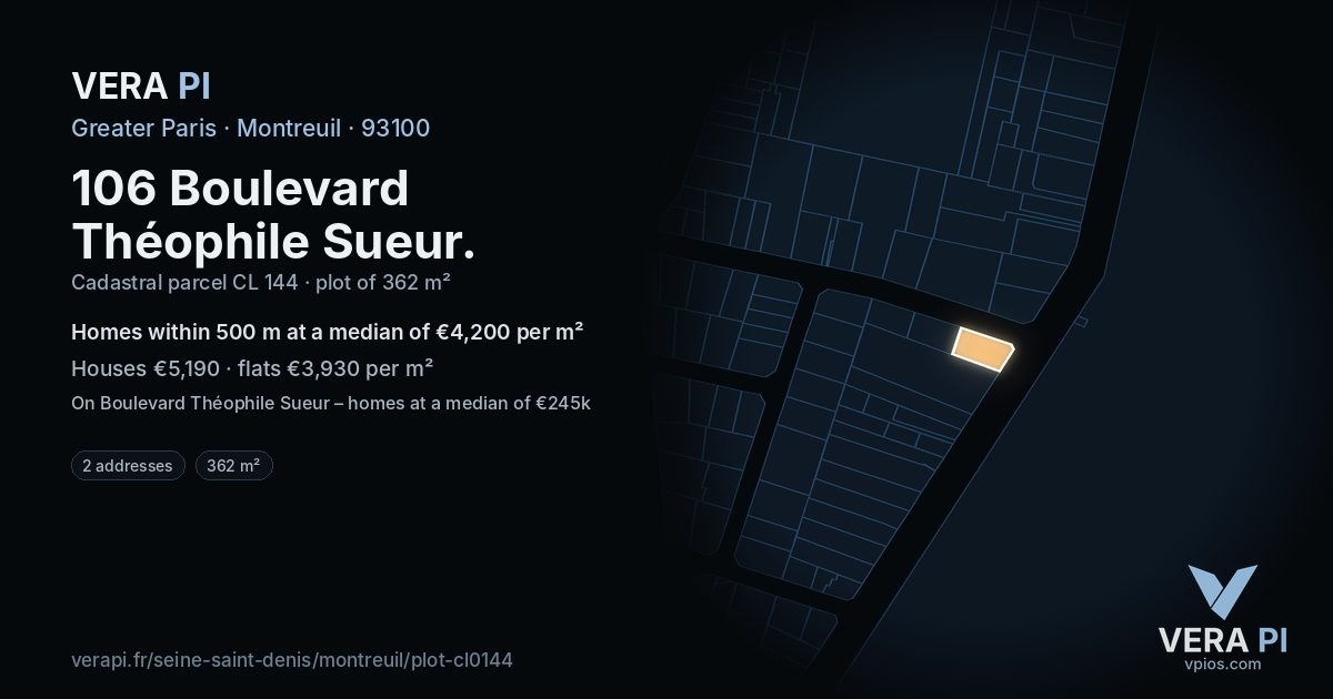106 Boulevard Théophile Sueur, Montreuil at night – the plot lit, the parcels around coloured by the prices near them