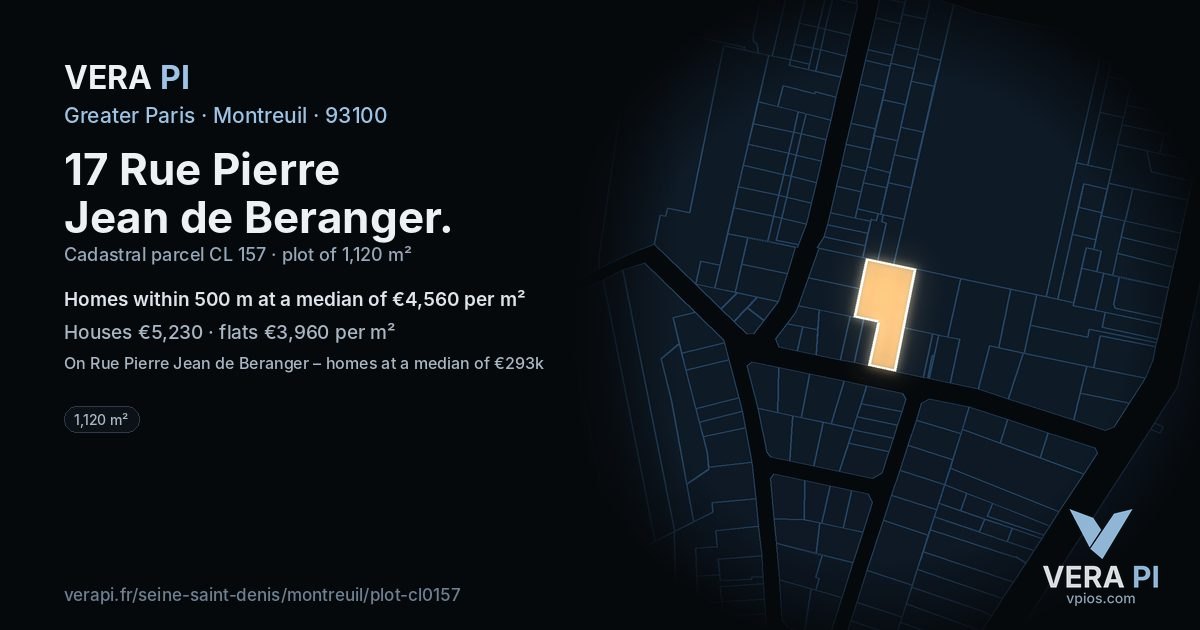 17 Rue Pierre Jean de Beranger, Montreuil at night – the plot lit, the parcels around coloured by the prices near them