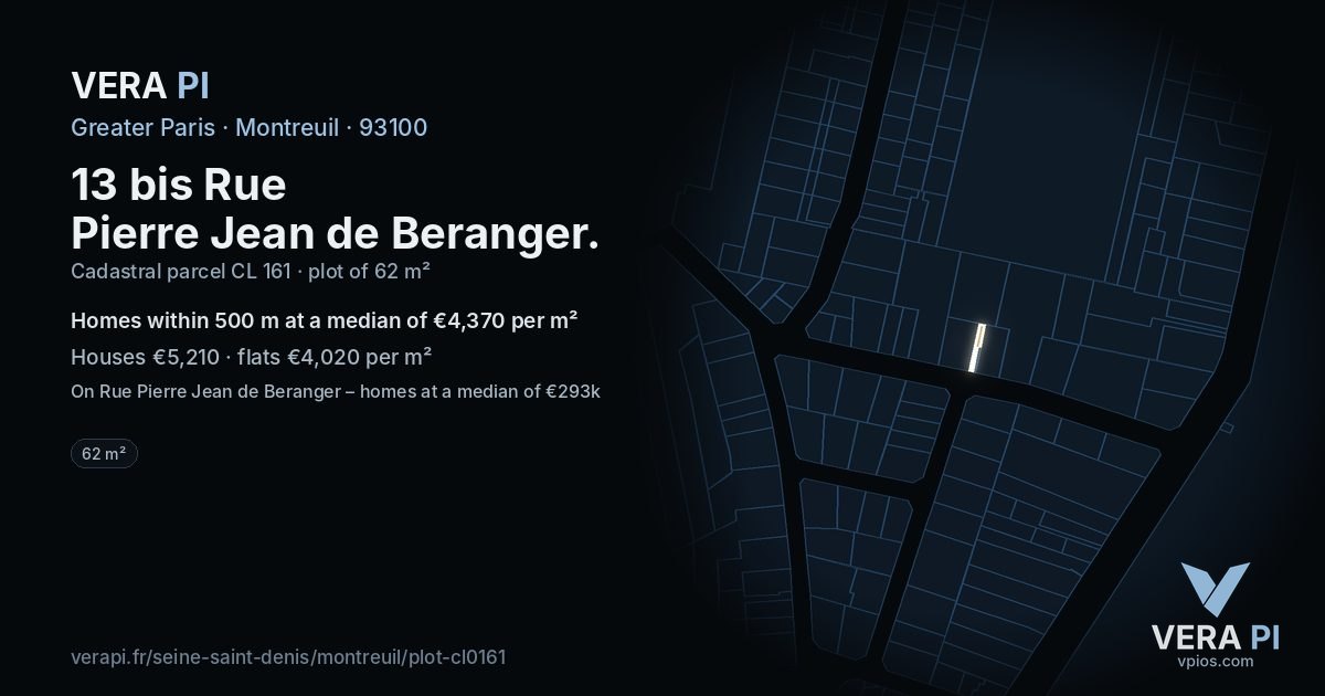 13 bis Rue Pierre Jean de Beranger, Montreuil at night – the plot lit, the parcels around coloured by the prices near them