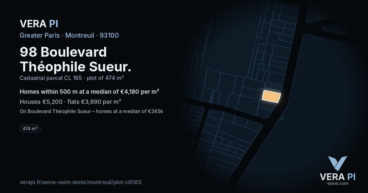 98 Boulevard Théophile Sueur, Montreuil at night – the plot lit, the parcels around coloured by the prices near them