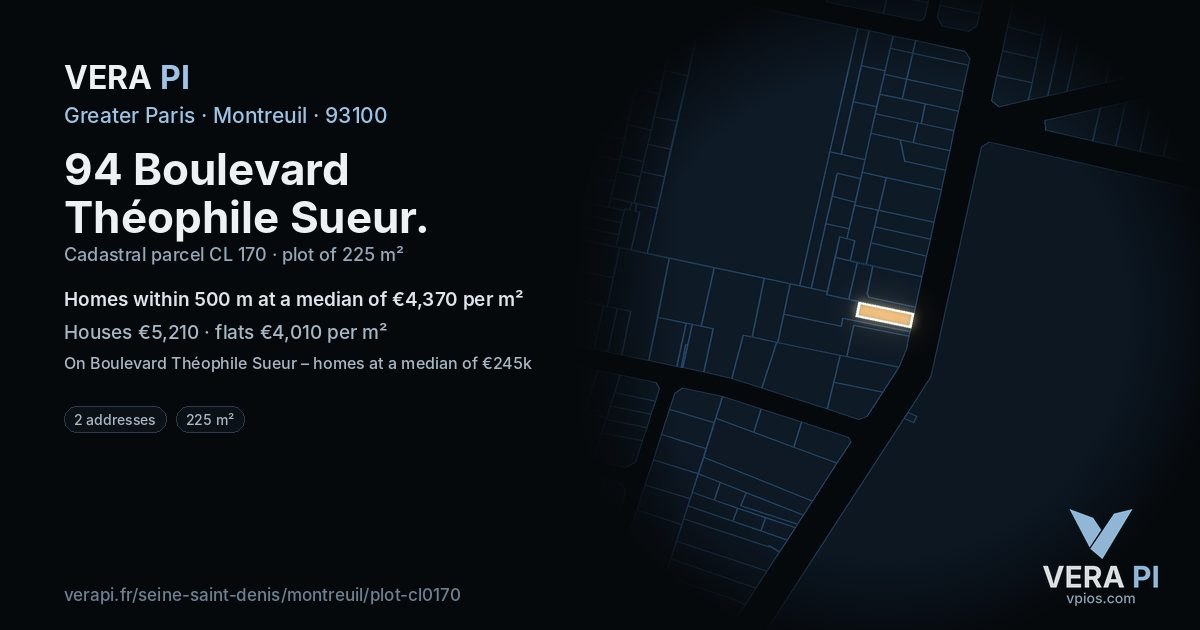 94 Boulevard Théophile Sueur, Montreuil at night – the plot lit, the parcels around coloured by the prices near them
