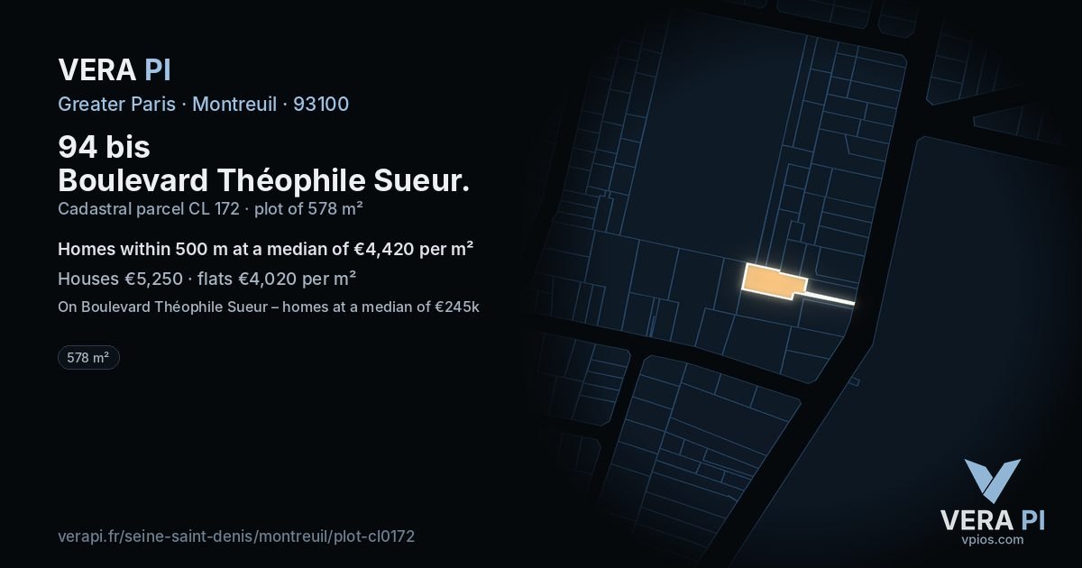 94 bis Boulevard Théophile Sueur, Montreuil at night – the plot lit, the parcels around coloured by the prices near them