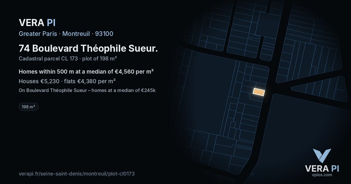 74 Boulevard Théophile Sueur, Montreuil at night – the plot lit, the parcels around coloured by the prices near them