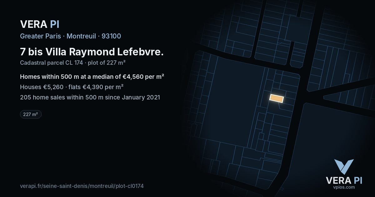 7 bis Villa Raymond Lefebvre, Montreuil at night – the plot lit, the parcels around coloured by the prices near them