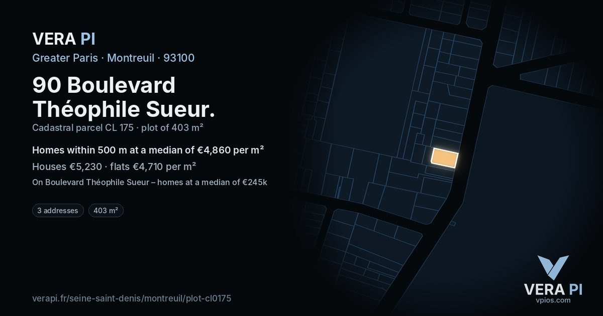 90 Boulevard Théophile Sueur, Montreuil at night – the plot lit, the parcels around coloured by the prices near them
