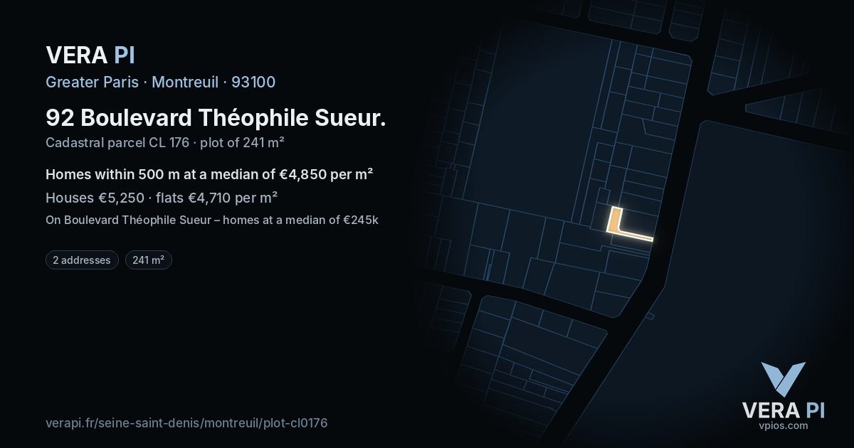92 Boulevard Théophile Sueur, Montreuil at night – the plot lit, the parcels around coloured by the prices near them