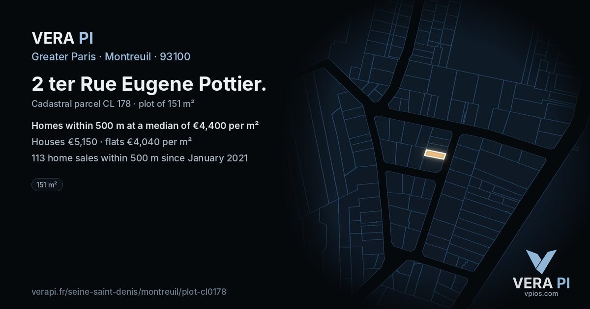 2 ter Rue Eugene Pottier, Montreuil at night – the plot lit, the parcels around coloured by the prices near them