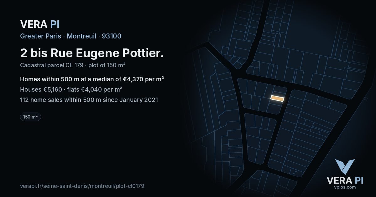 2 bis Rue Eugene Pottier, Montreuil at night – the plot lit, the parcels around coloured by the prices near them