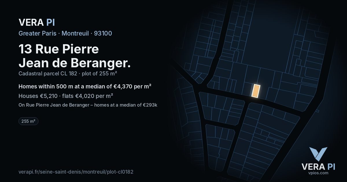 13 Rue Pierre Jean de Beranger, Montreuil at night – the plot lit, the parcels around coloured by the prices near them