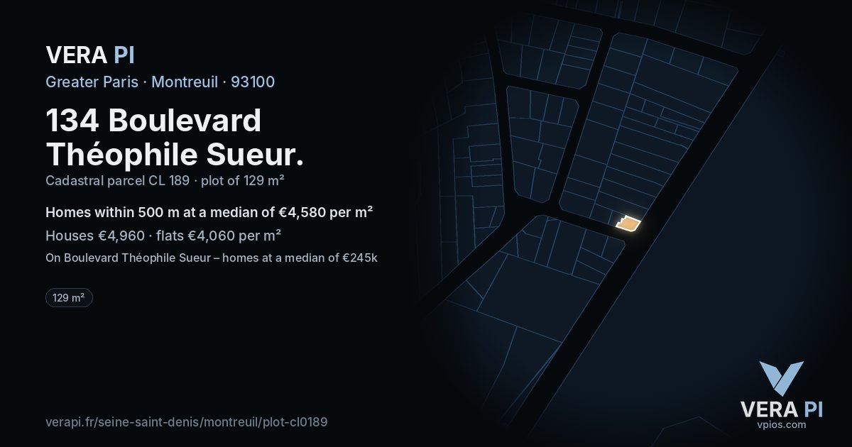134 Boulevard Théophile Sueur, Montreuil at night – the plot lit, the parcels around coloured by the prices near them