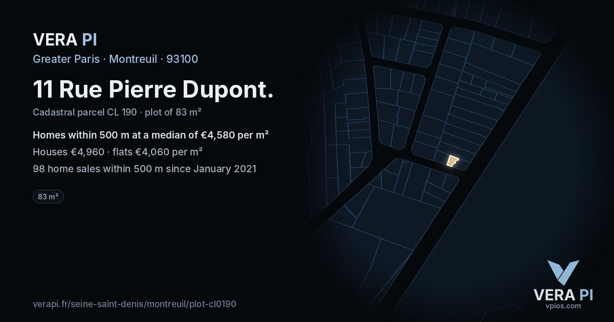 11 Rue Pierre Dupont, Montreuil at night – the plot lit, the parcels around coloured by the prices near them