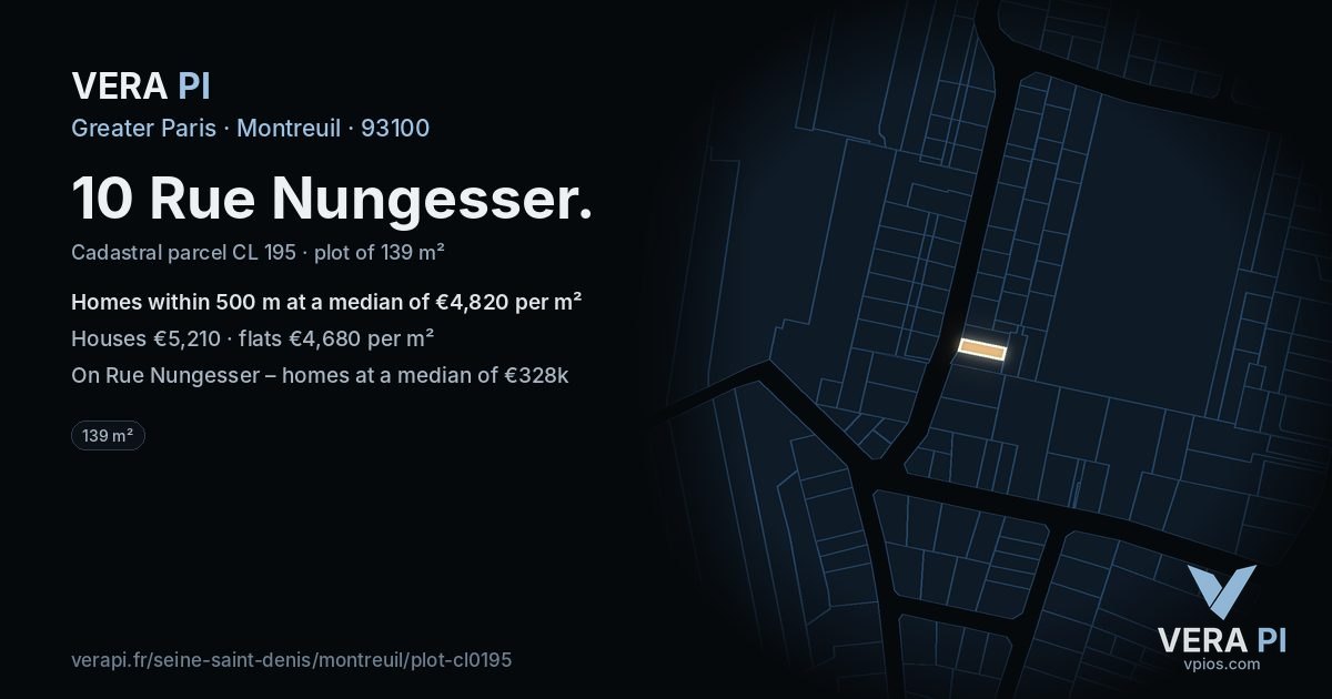 10 Rue Nungesser, Montreuil at night – the plot lit, the parcels around coloured by the prices near them
