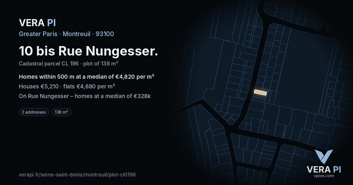 10 bis Rue Nungesser, Montreuil at night – the plot lit, the parcels around coloured by the prices near them