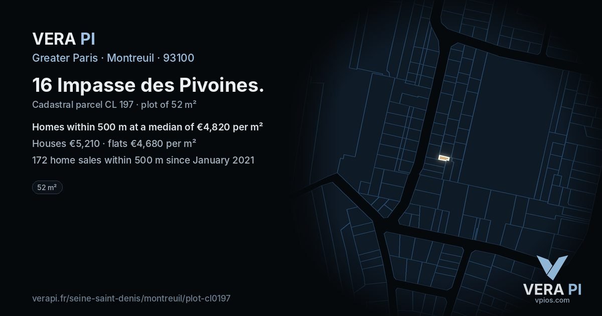 16 Impasse des Pivoines, Montreuil at night – the plot lit, the parcels around coloured by the prices near them