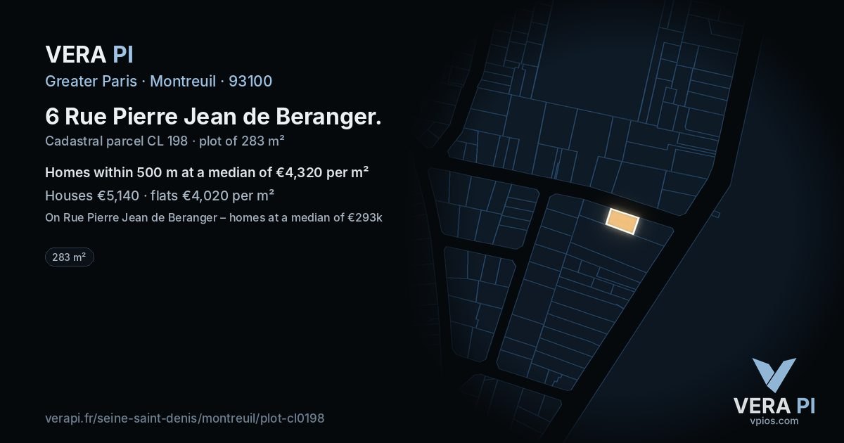 6 Rue Pierre Jean de Beranger, Montreuil at night – the plot lit, the parcels around coloured by the prices near them