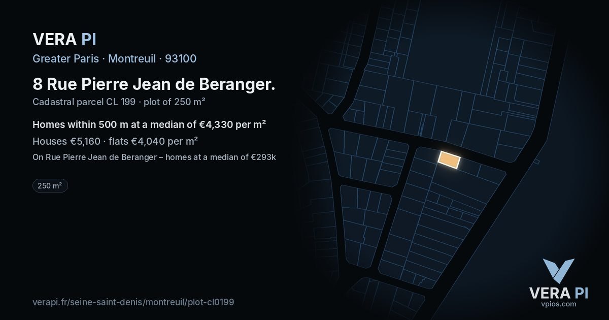 8 Rue Pierre Jean de Beranger, Montreuil at night – the plot lit, the parcels around coloured by the prices near them