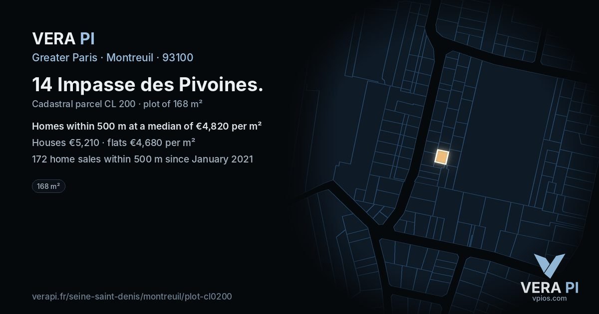 14 Impasse des Pivoines, Montreuil at night – the plot lit, the parcels around coloured by the prices near them