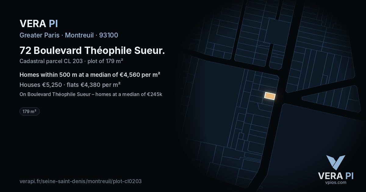 72 Boulevard Théophile Sueur, Montreuil at night – the plot lit, the parcels around coloured by the prices near them