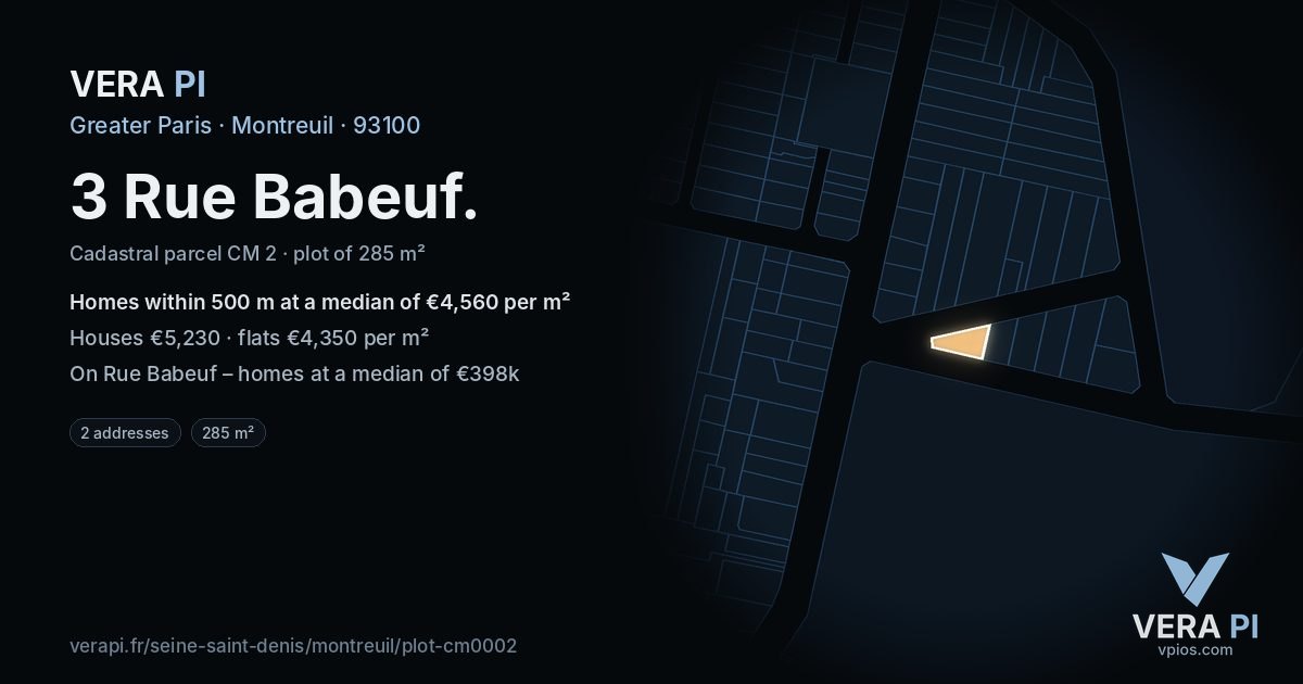 3 Rue Babeuf, Montreuil at night – the plot lit, the parcels around coloured by the prices near them