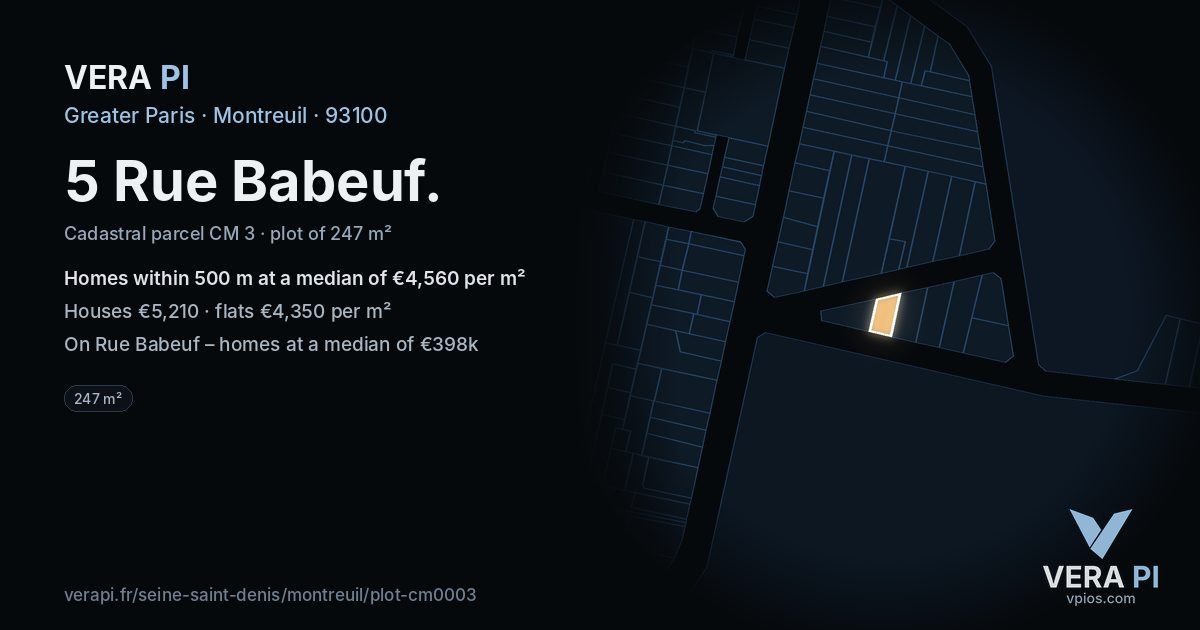 5 Rue Babeuf, Montreuil at night – the plot lit, the parcels around coloured by the prices near them