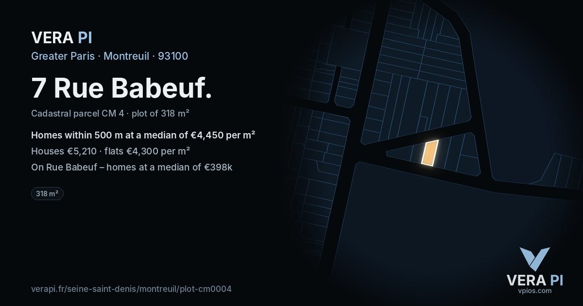 7 Rue Babeuf, Montreuil at night – the plot lit, the parcels around coloured by the prices near them