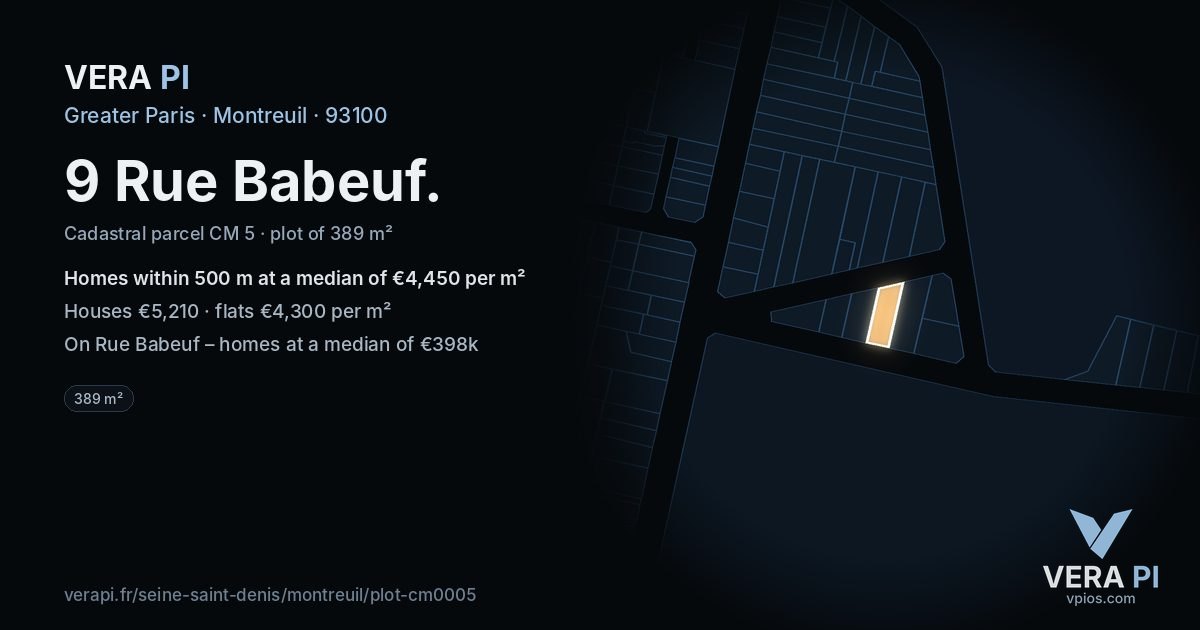 9 Rue Babeuf, Montreuil at night – the plot lit, the parcels around coloured by the prices near them