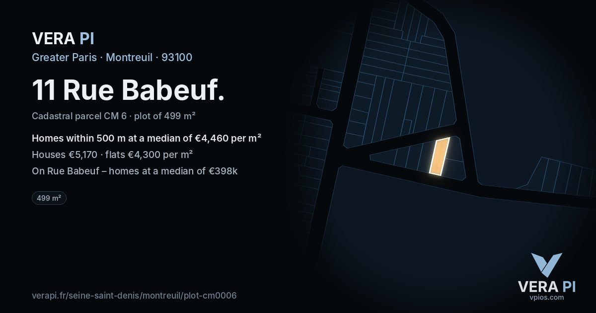 11 Rue Babeuf, Montreuil at night – the plot lit, the parcels around coloured by the prices near them
