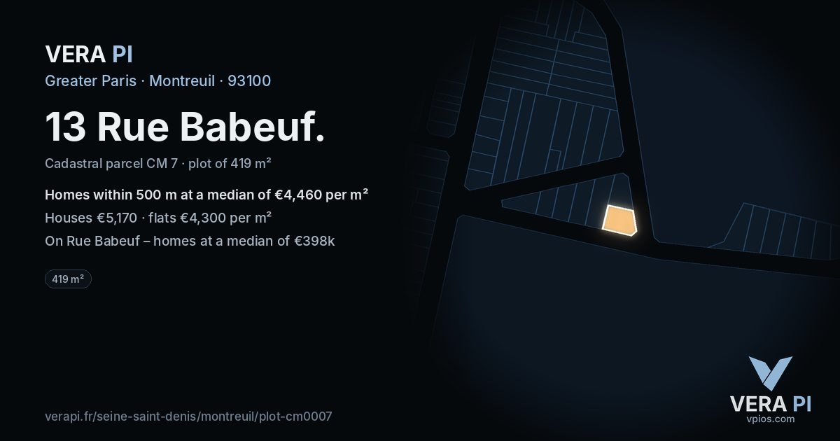13 Rue Babeuf, Montreuil at night – the plot lit, the parcels around coloured by the prices near them