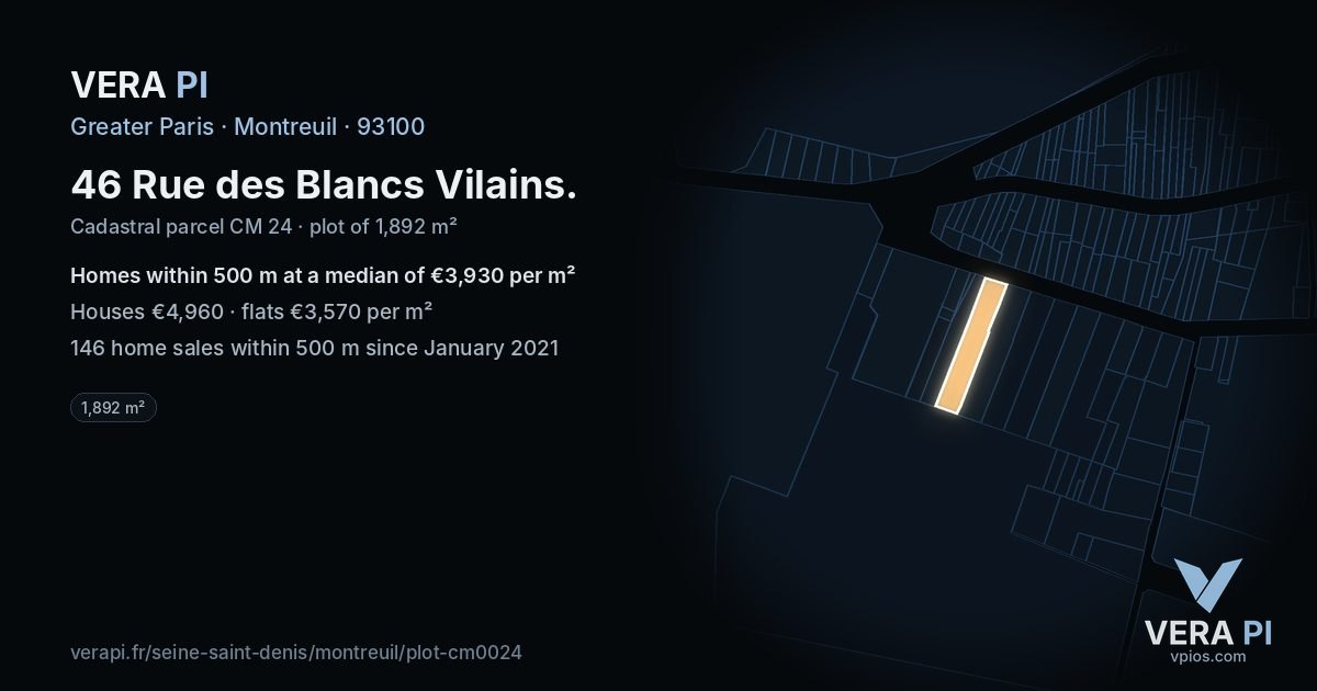 46 Rue des Blancs Vilains, Montreuil at night – the plot lit, the parcels around coloured by the prices near them