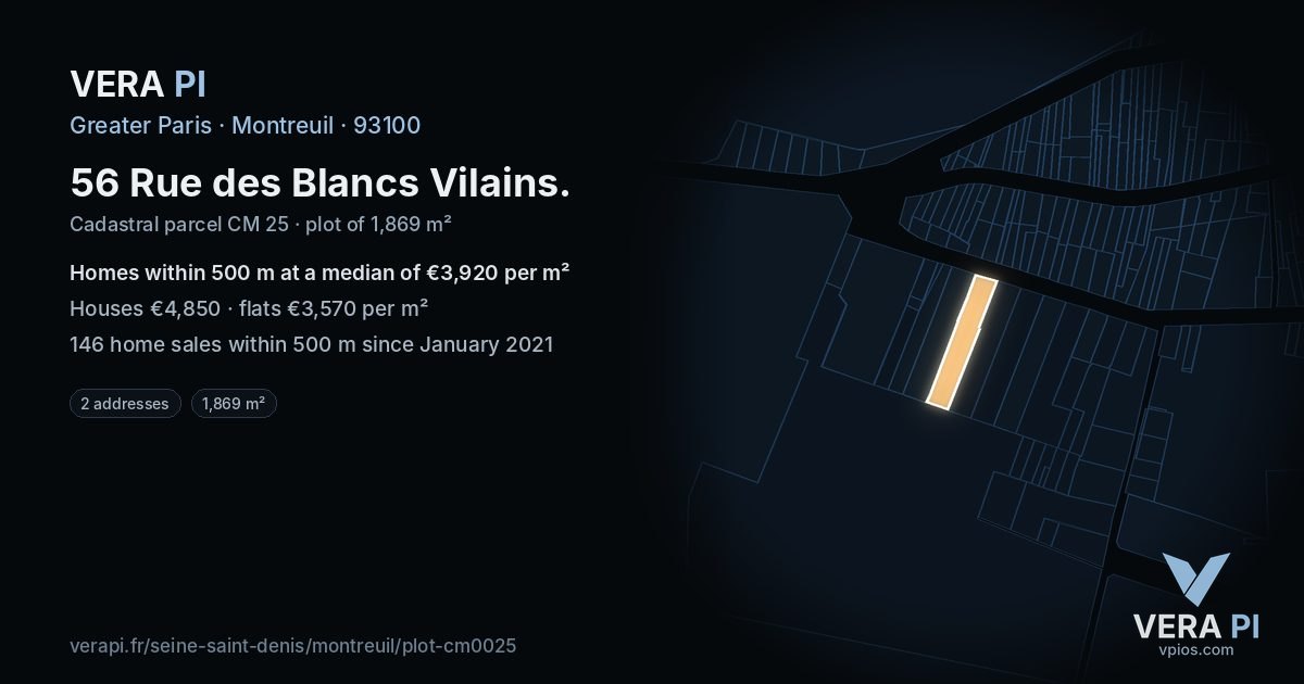 56 Rue des Blancs Vilains, Montreuil at night – the plot lit, the parcels around coloured by the prices near them