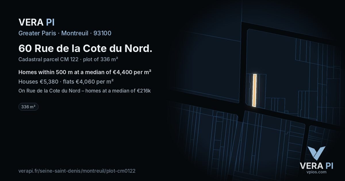 60 Rue de la Cote du Nord, Montreuil at night – the plot lit, the parcels around coloured by the prices near them