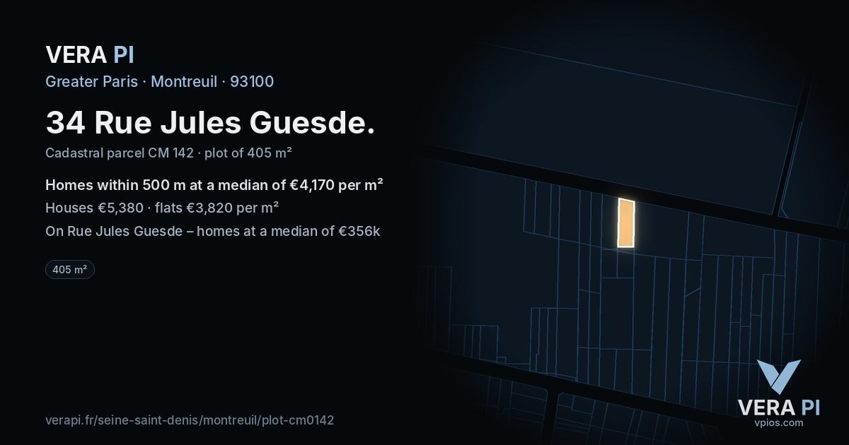 34 Rue Jules Guesde, Montreuil at night – the plot lit, the parcels around coloured by the prices near them