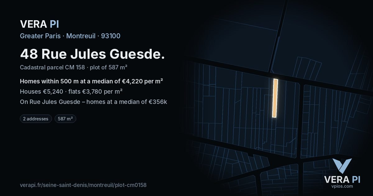 48 Rue Jules Guesde, Montreuil at night – the plot lit, the parcels around coloured by the prices near them