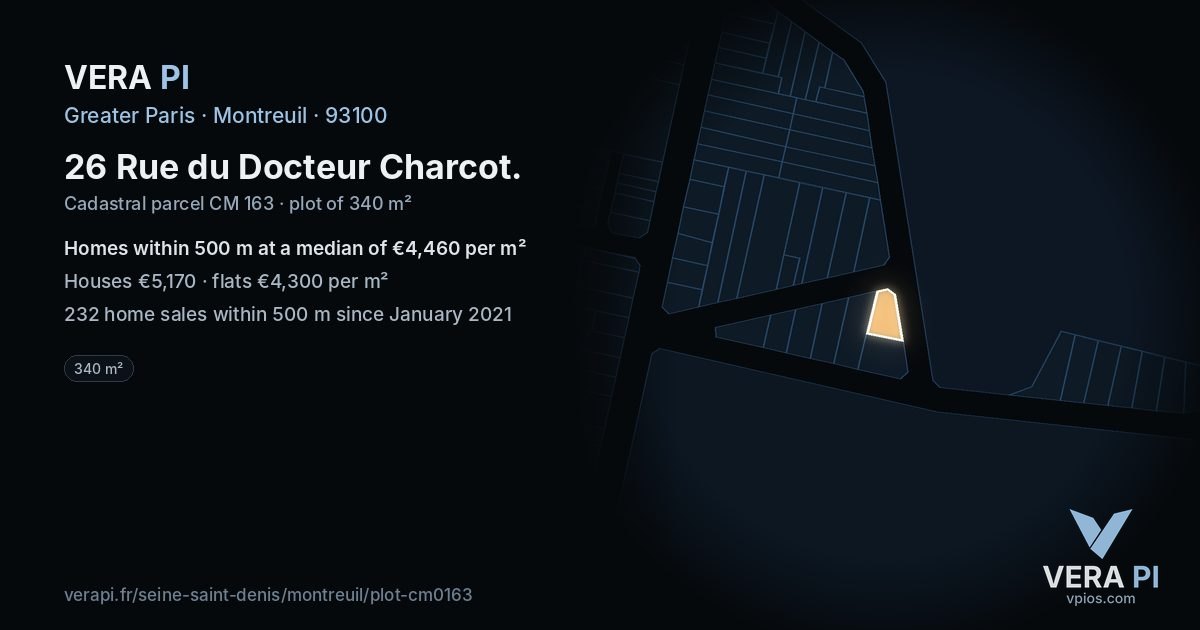 26 Rue du Docteur Charcot, Montreuil at night – the plot lit, the parcels around coloured by the prices near them