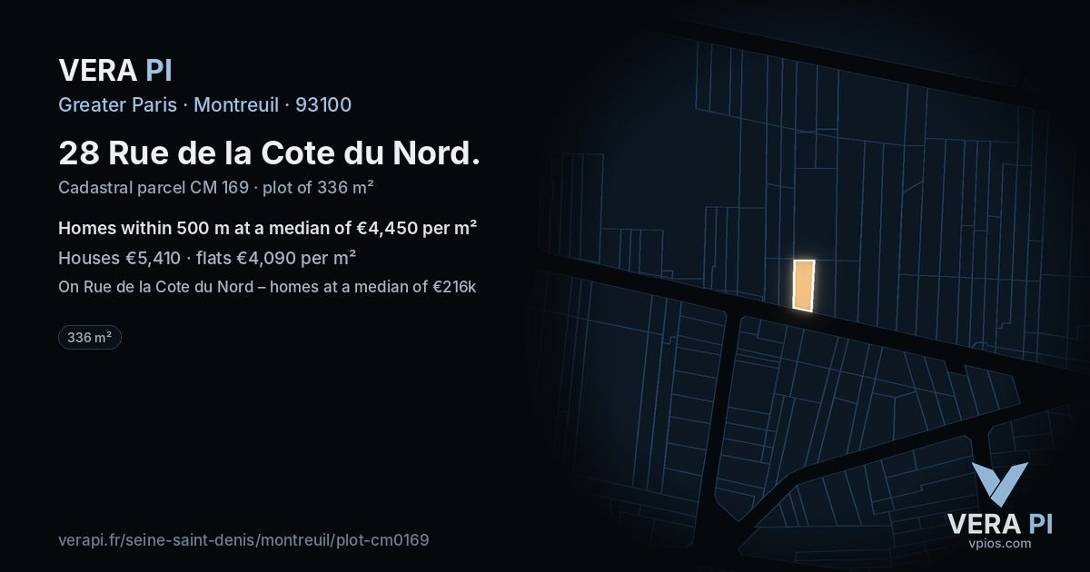 28 Rue de la Cote du Nord, Montreuil at night – the plot lit, the parcels around coloured by the prices near them