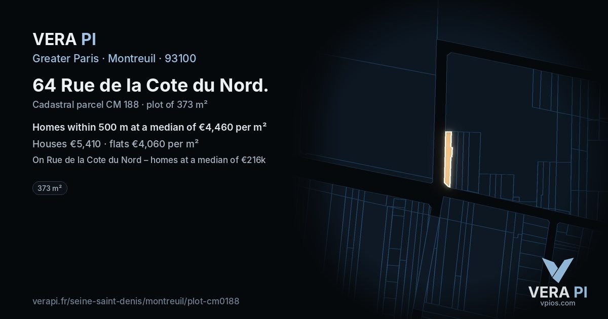 64 Rue de la Cote du Nord, Montreuil at night – the plot lit, the parcels around coloured by the prices near them