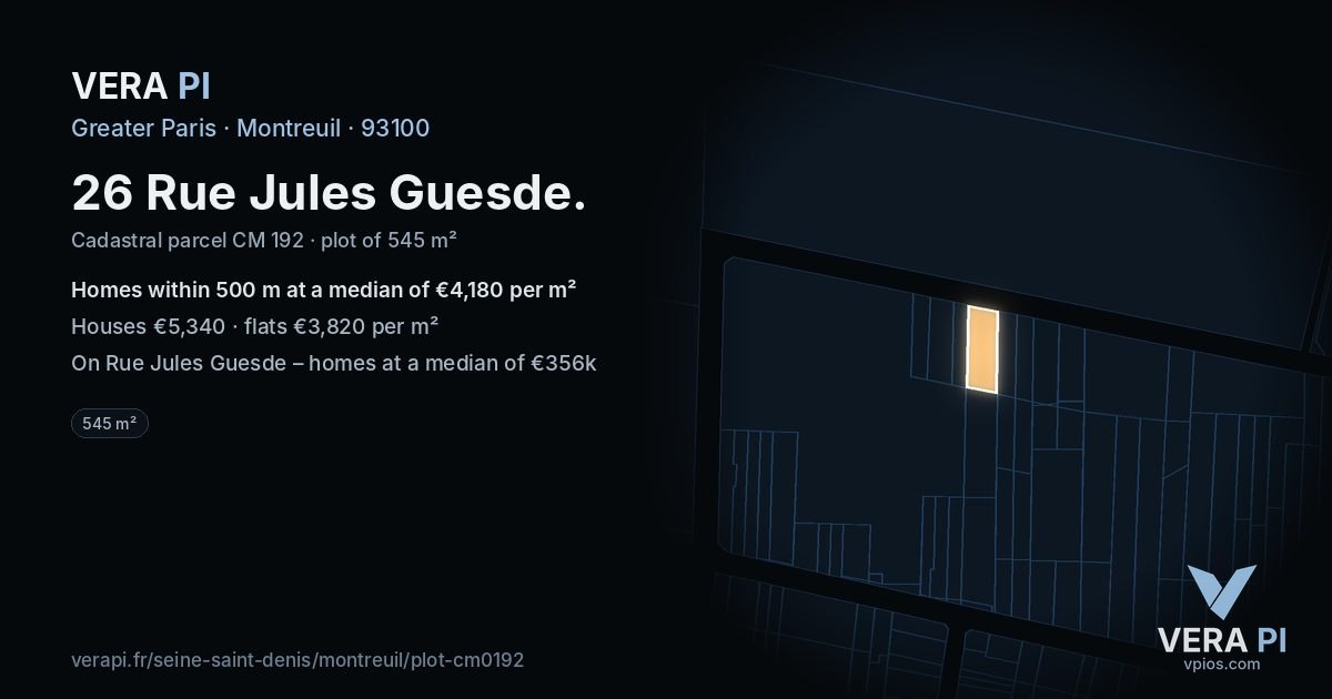 26 Rue Jules Guesde, Montreuil at night – the plot lit, the parcels around coloured by the prices near them