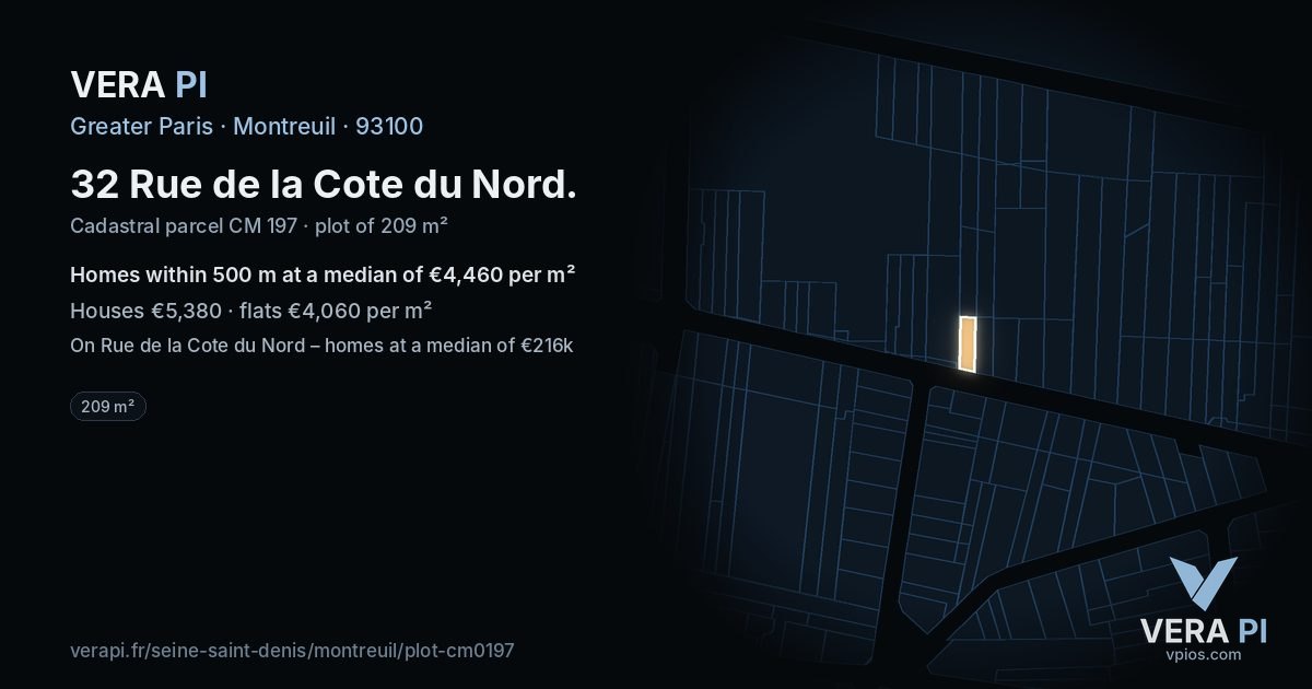 32 Rue de la Cote du Nord, Montreuil at night – the plot lit, the parcels around coloured by the prices near them