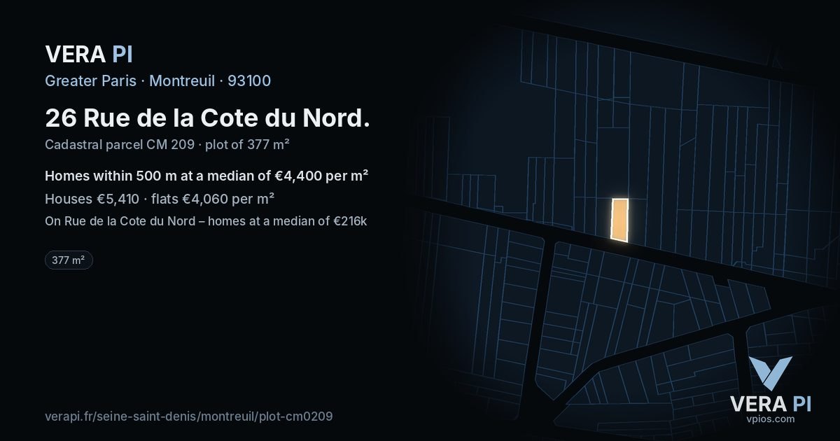 26 Rue de la Cote du Nord, Montreuil at night – the plot lit, the parcels around coloured by the prices near them