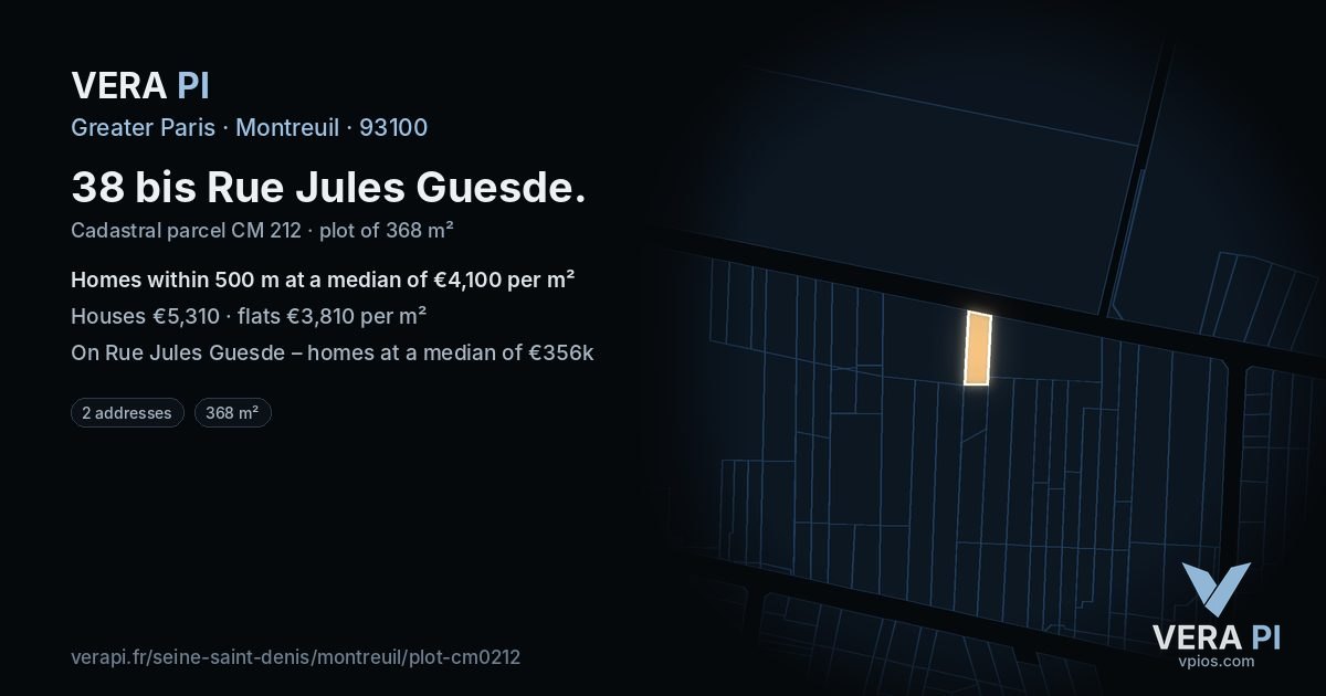 38 bis Rue Jules Guesde, Montreuil at night – the plot lit, the parcels around coloured by the prices near them