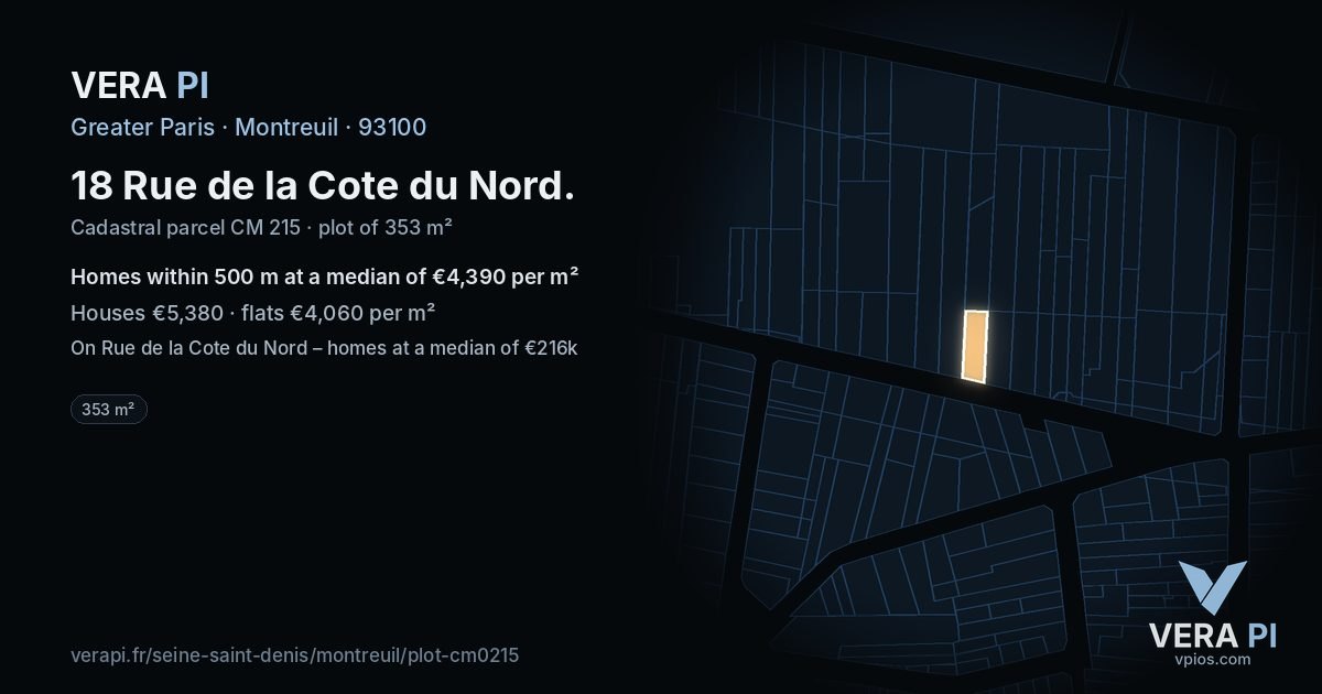 18 Rue de la Cote du Nord, Montreuil at night – the plot lit, the parcels around coloured by the prices near them