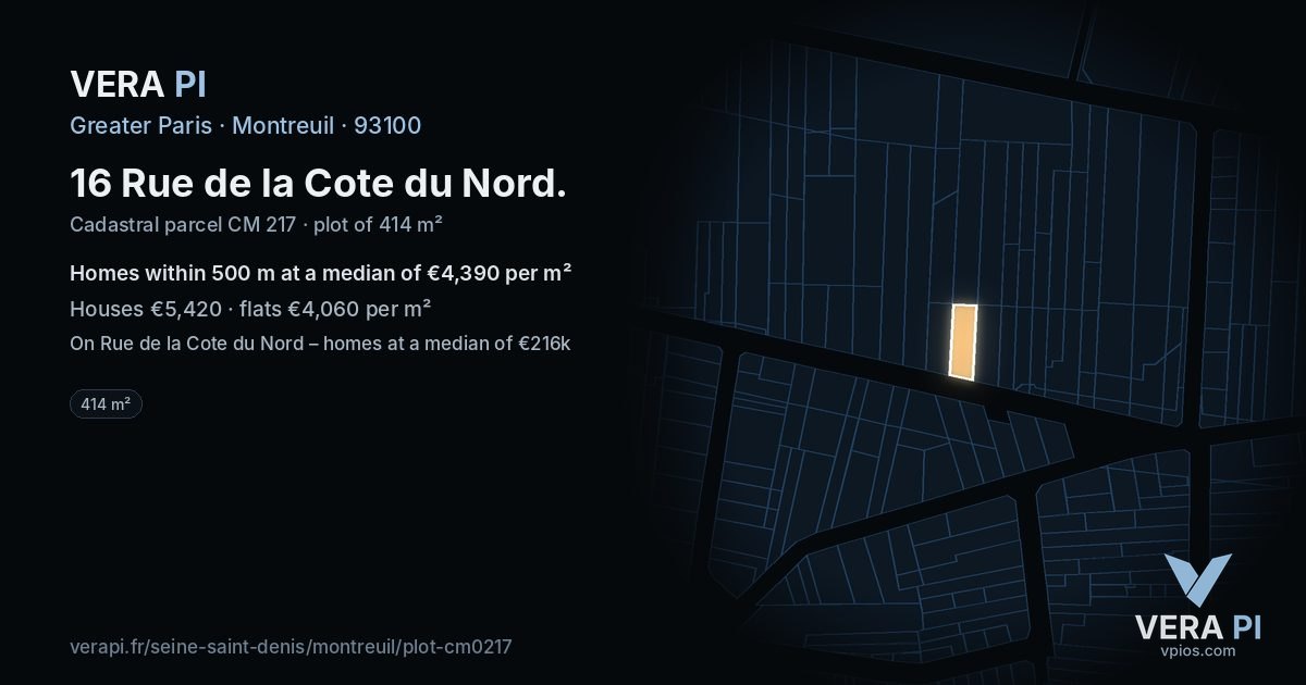16 Rue de la Cote du Nord, Montreuil at night – the plot lit, the parcels around coloured by the prices near them
