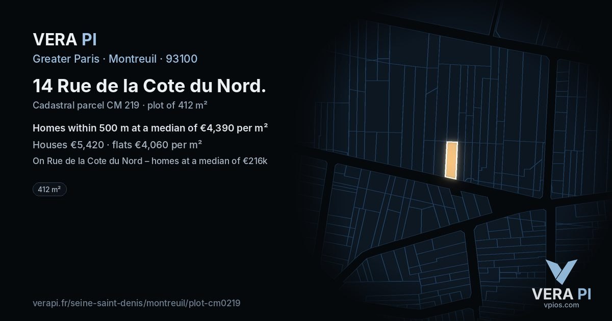 14 Rue de la Cote du Nord, Montreuil at night – the plot lit, the parcels around coloured by the prices near them