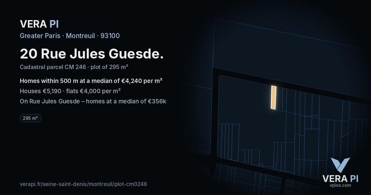 20 Rue Jules Guesde, Montreuil at night – the plot lit, the parcels around coloured by the prices near them