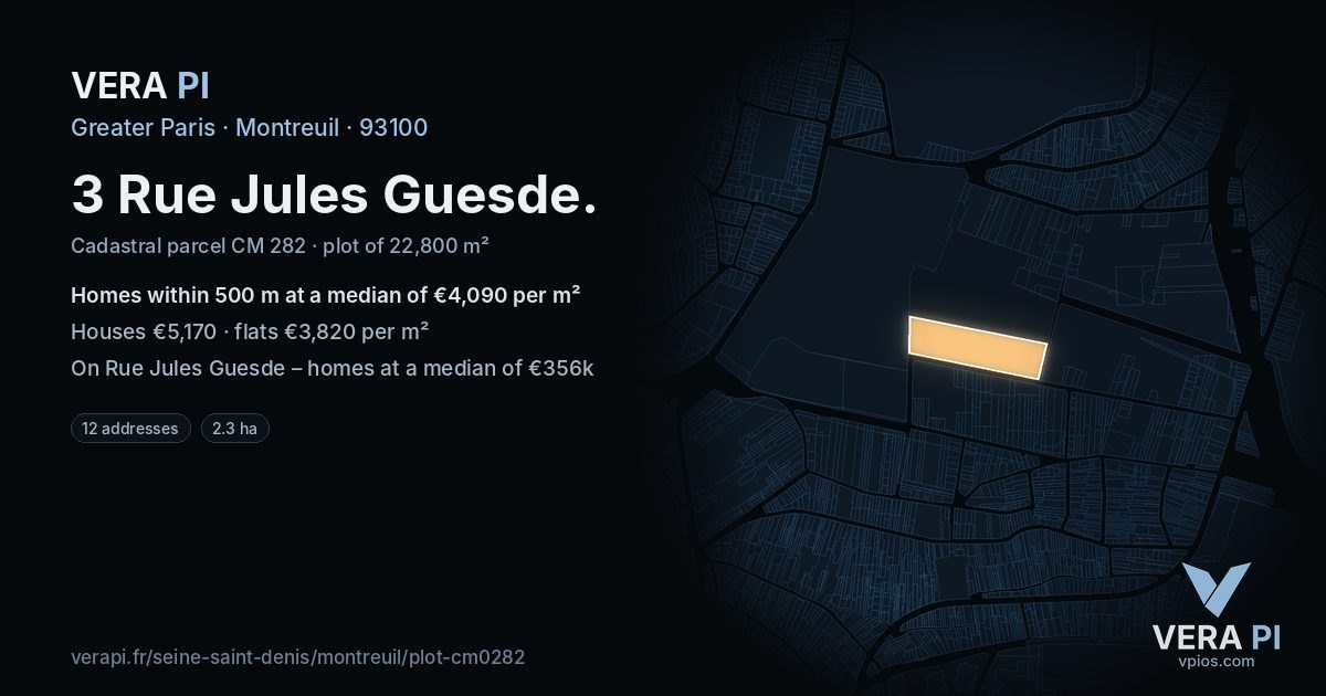 3 Rue Jules Guesde, Montreuil at night – the plot lit, the parcels around coloured by the prices near them