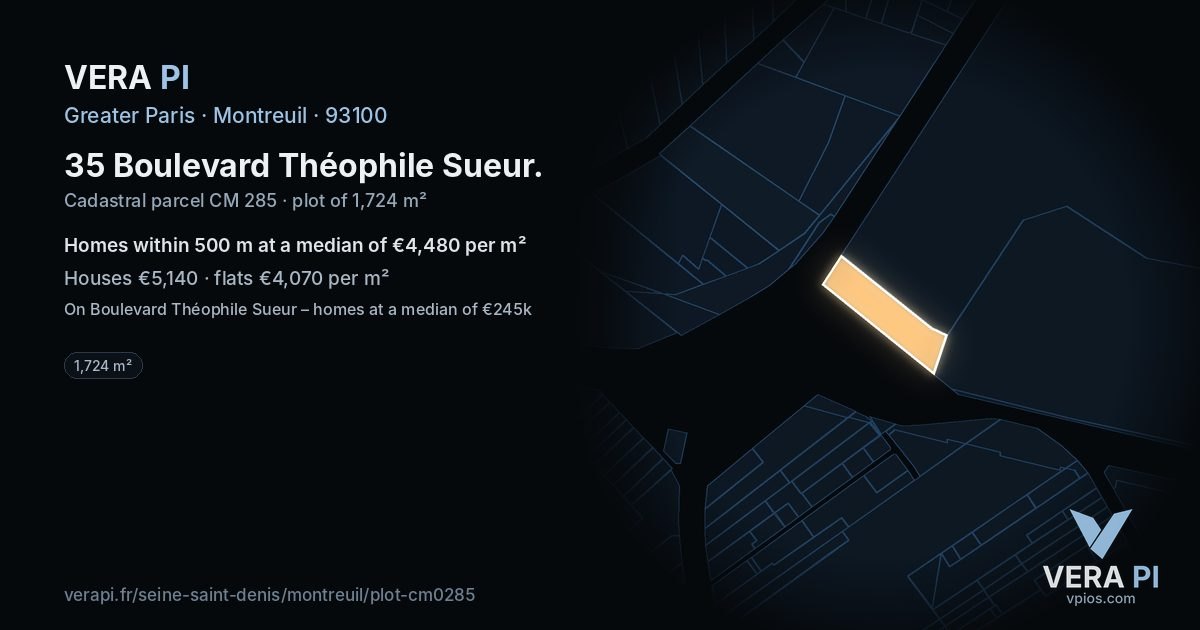 35 Boulevard Théophile Sueur, Montreuil at night – the plot lit, the parcels around coloured by the prices near them