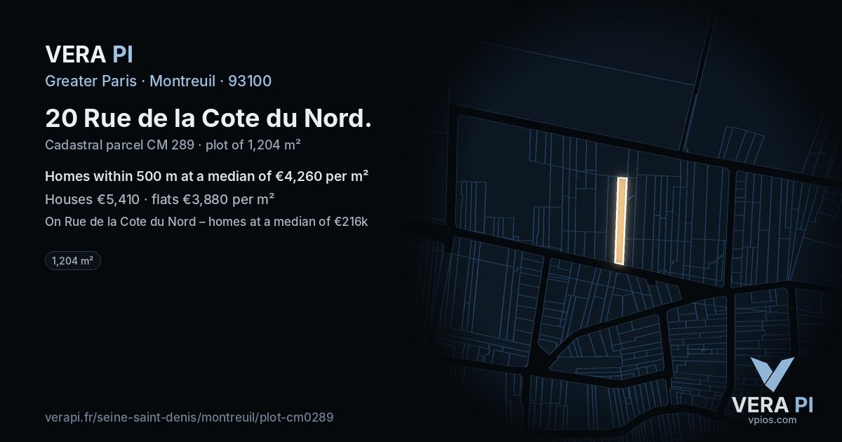20 Rue de la Cote du Nord, Montreuil at night – the plot lit, the parcels around coloured by the prices near them