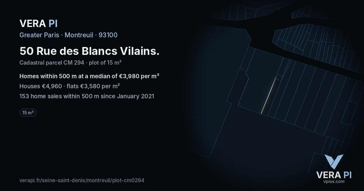 50 Rue des Blancs Vilains, Montreuil at night – the plot lit, the parcels around coloured by the prices near them