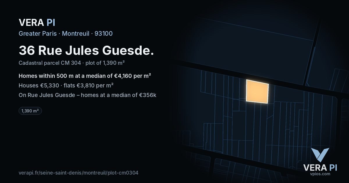 36 Rue Jules Guesde, Montreuil at night – the plot lit, the parcels around coloured by the prices near them
