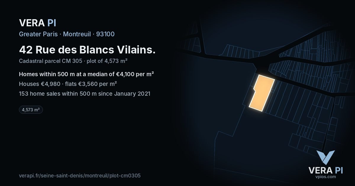 42 Rue des Blancs Vilains, Montreuil at night – the plot lit, the parcels around coloured by the prices near them